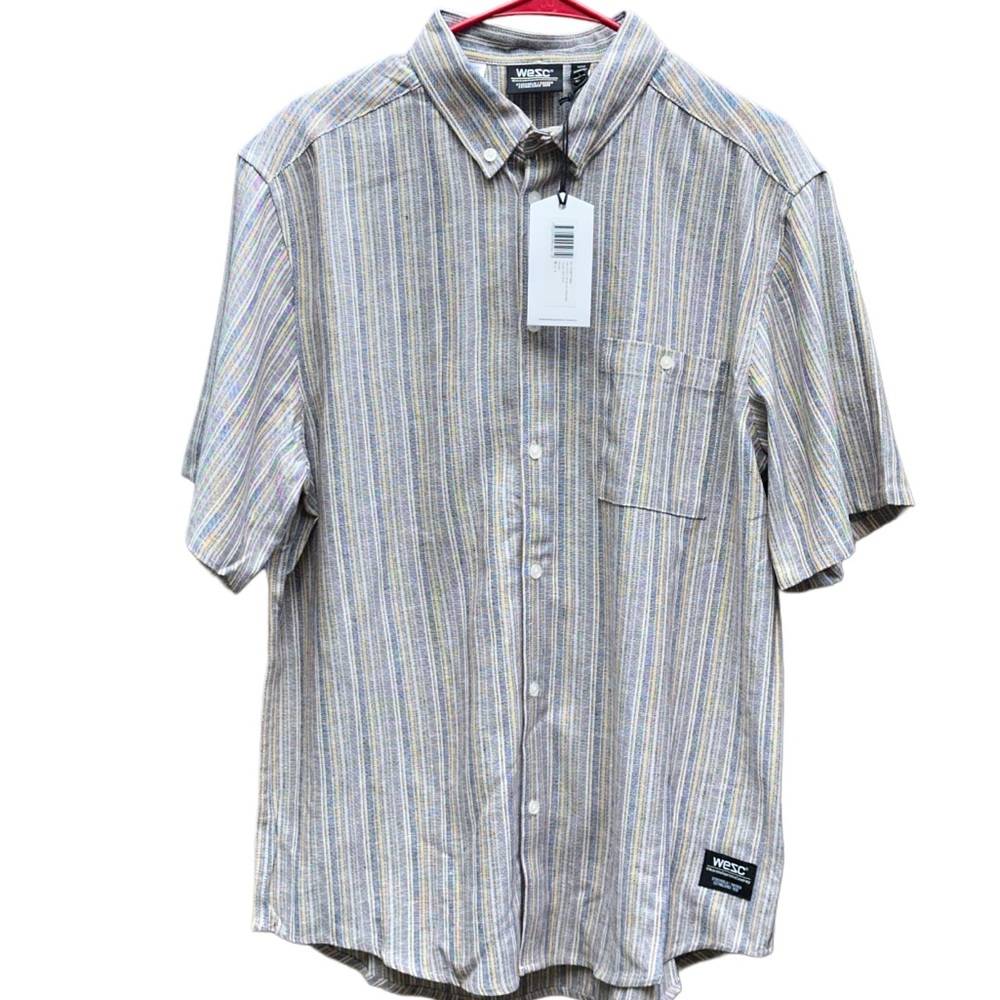 WESC Men's Multicolor Striped Linen Blend Button Down Shirt